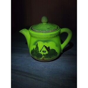 Uranium Glazed Cottage TEAPOT VTG PORCELIER Hand Painted Chip On Spout